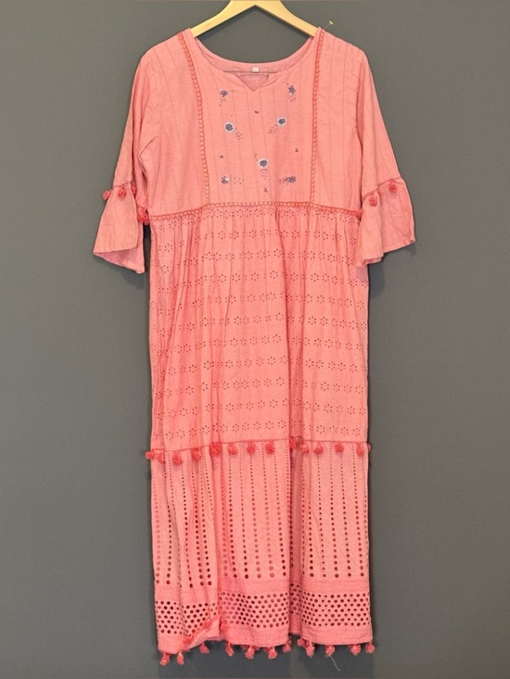 Coral Pink Embroidered Eyelet Tassel Midi Dress Boho Cottagecore Womens XXL